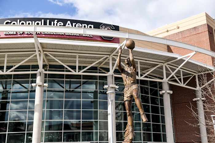 A statue of A'ja Wilson outside Colonial Life Arena